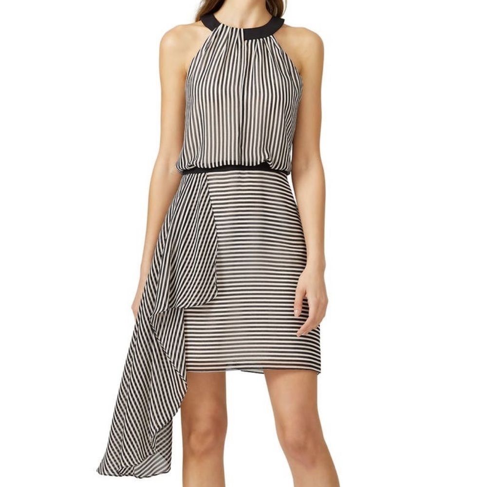 Halston Heritage Striped Asymmetric Draped Halter Neck Mini Dress Sz 6